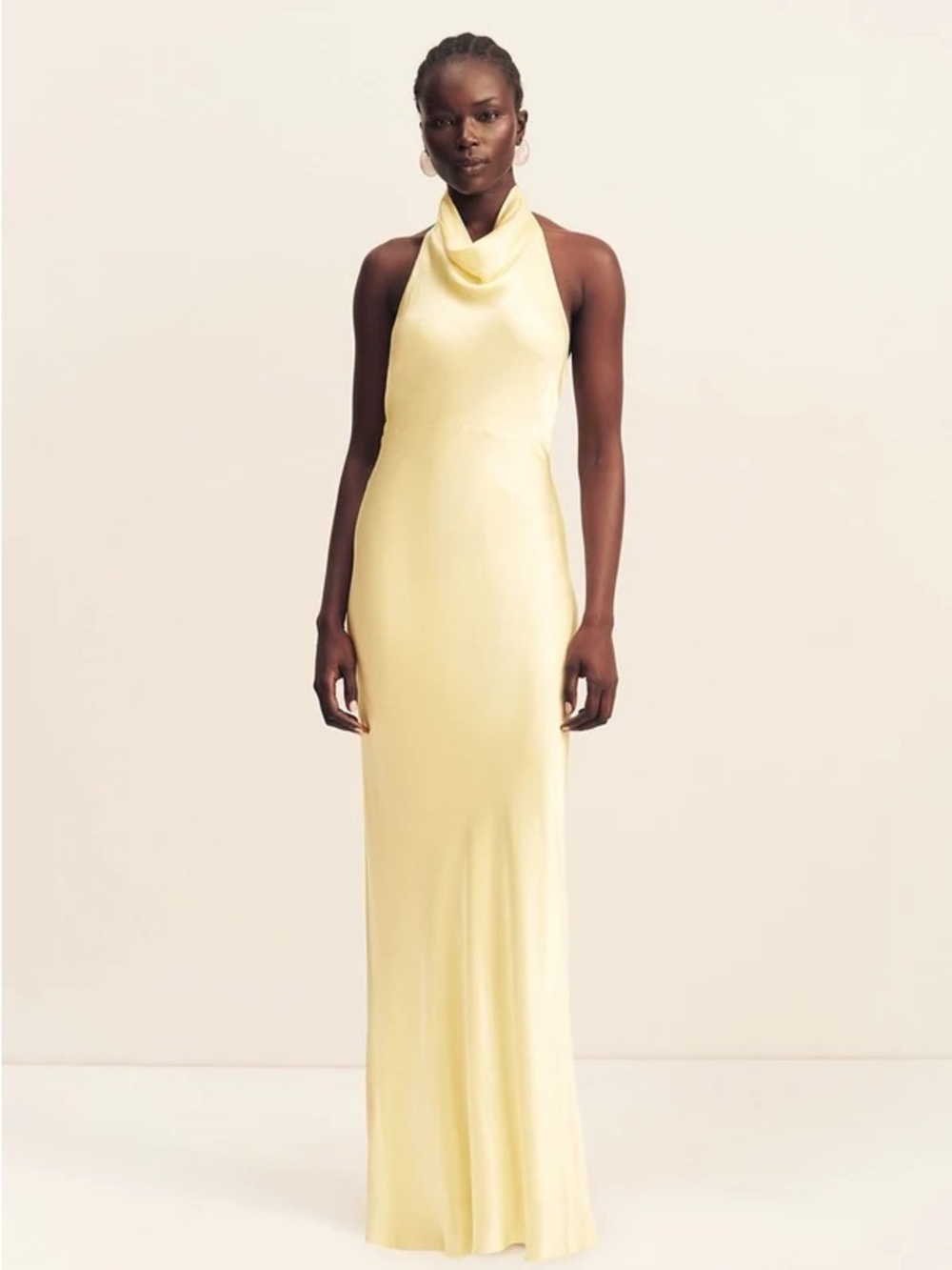 Shona Joy butter yellow lemon Satin high Cowl Neck Halter Maxi Dress gown